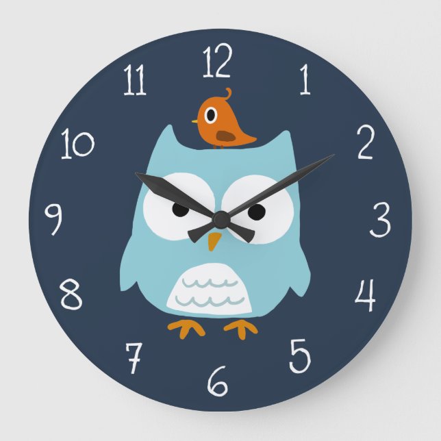 Blue Owl and Cute Orange Bird Large Clock (Front)