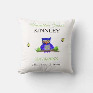 Blue Owl Baby Birth Announcement Throw Pillow