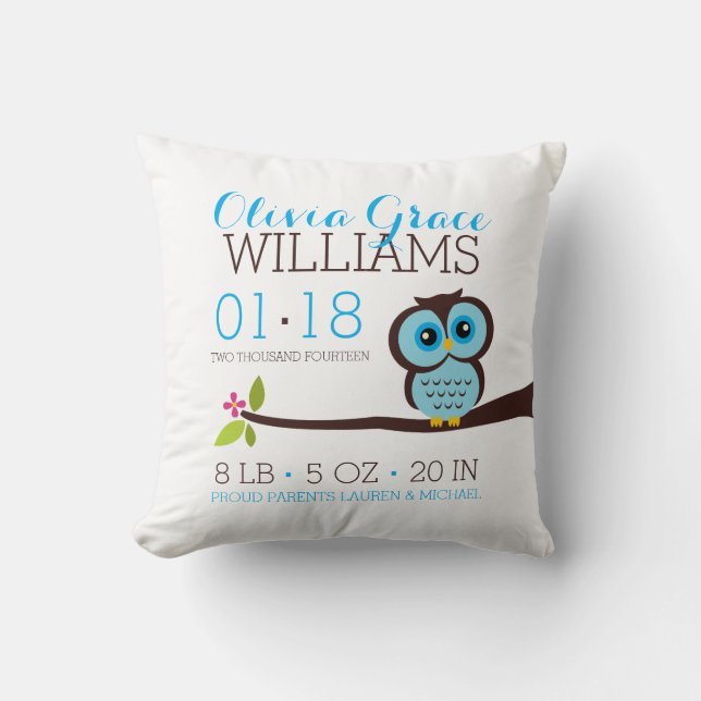 Blue Owl Baby Birth Announcement Throw Pillow (Front)