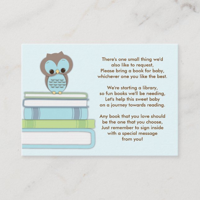 Blue Owl Baby Shower Book Insert Request Card (Front)