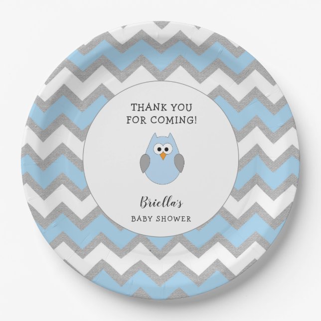 Blue owl baby shower decor, 1st birthday party paper plates (Front)