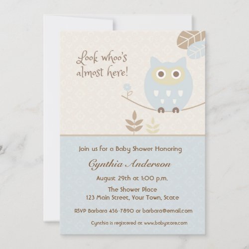 Blue Owl Baby Shower for Boy Invitation