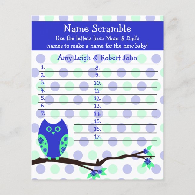 Blue Owl Baby Shower Personalized Game (Front)