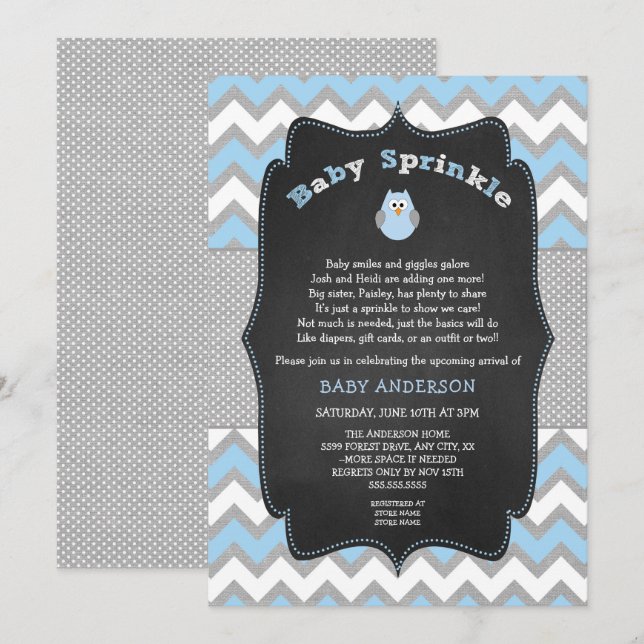 Blue Owl baby sprinkle, boy baby shower invitation (Front/Back)