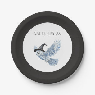 Blue Owl Be Seeing You Black White Halloween Paper Plates