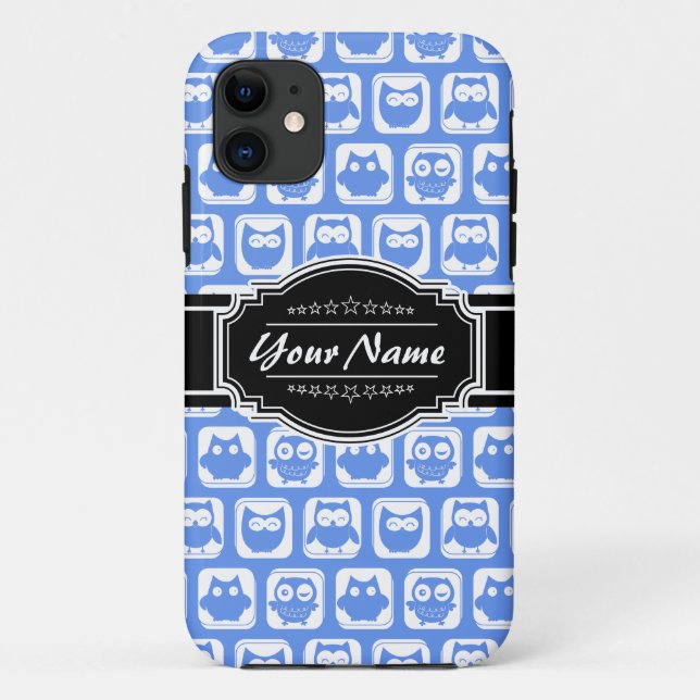 Blue Owl Black Personalized Name Case-Mate iPhone Case (Back)