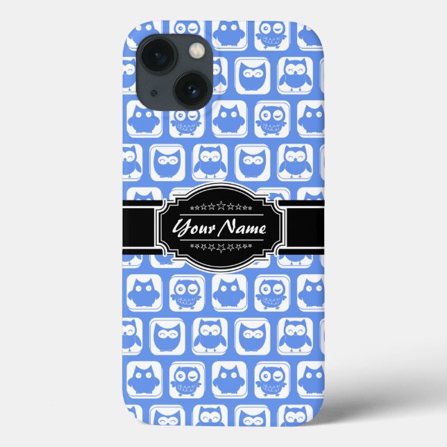 Blue Owl Black Personalized Name Case-Mate iPhone Case (Back)