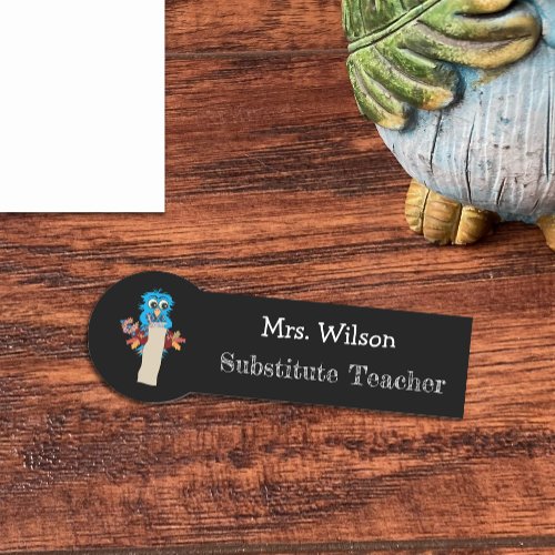 Blue Owl Black Substitute Teacher Classic Name Tag