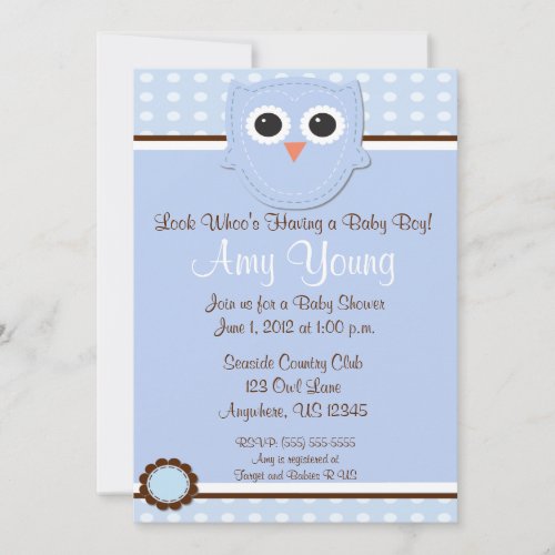 Blue Owl Boy Baby Shower Personalized Invitation