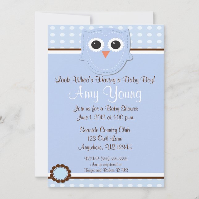 Blue Owl Boy Baby Shower Personalized Invitation (Front)