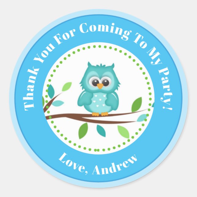 Blue Owl Boy Birthday Party Favor Stickers (Front)