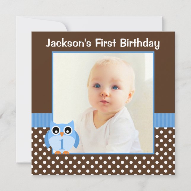 Blue Owl Brown Polka Dot 1st Birthday Boy Photo Invitation (Front)