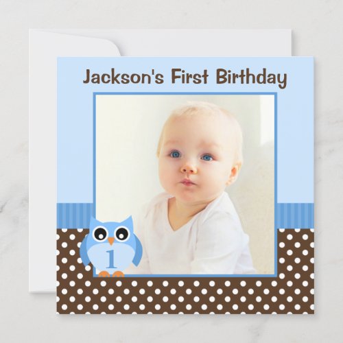 Blue Owl Brown Polka Dots 1st Birthday Boy Photo Personalized Invites