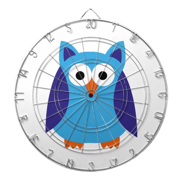 Blue owl cartoon dartboard with darts (Front)