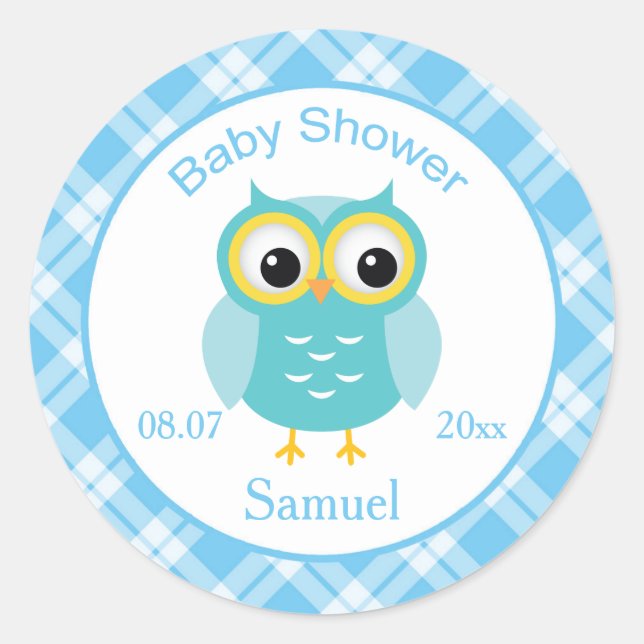 Blue owl, checkered pattern Baby Shower Sticker (Front)