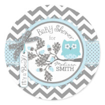 Blue Owl Chevron Print Baby Shower Classic Round Sticker