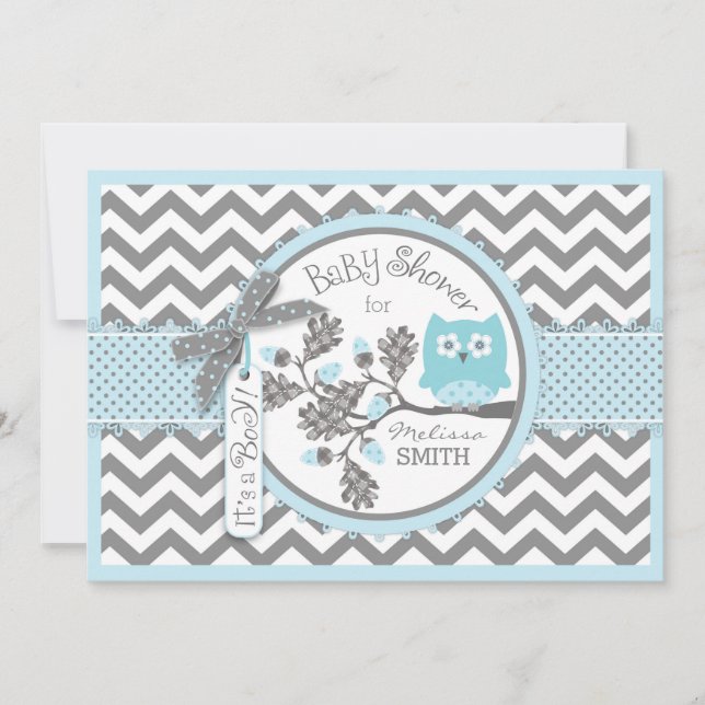 Blue Owl Chevron Print Baby Shower Invitation (Front)
