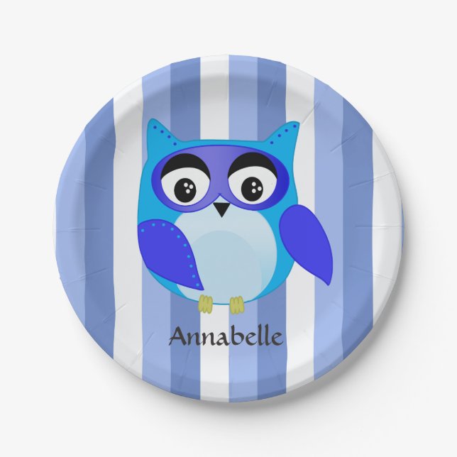 Blue owl children cartoon Illustration Paper Plates (Front)