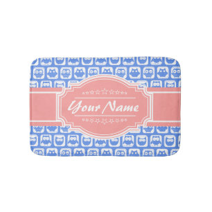 Blue Owl Coral Personalized Name Bathroom Mat