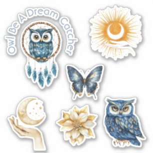 Blue Owl Dream Catcher Moon Stars Butterfly Sticker