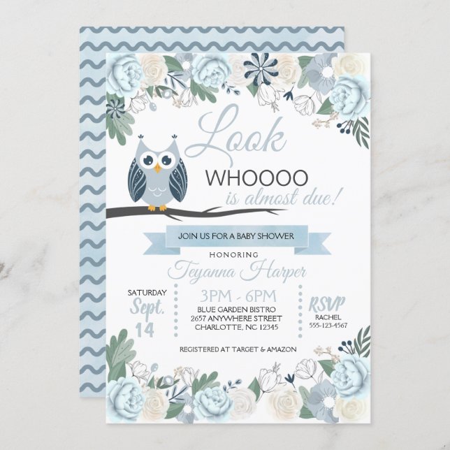 Blue Owl Floral Baby Shower Invitation (Front/Back)
