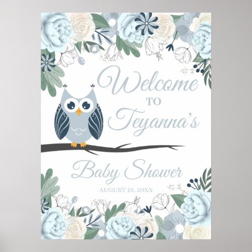 Blue Owl Floral Baby Shower Welcome Sign
