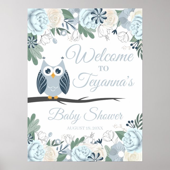 Blue Owl Floral Baby Shower Welcome Sign (Front)