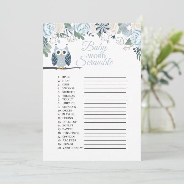 Blue Owl Floral Baby Word Scramble Game Card (Standing Front)