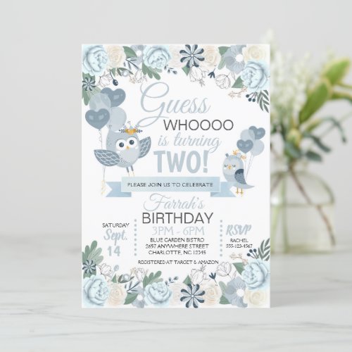 Blue Owl Floral Birthday Invitation