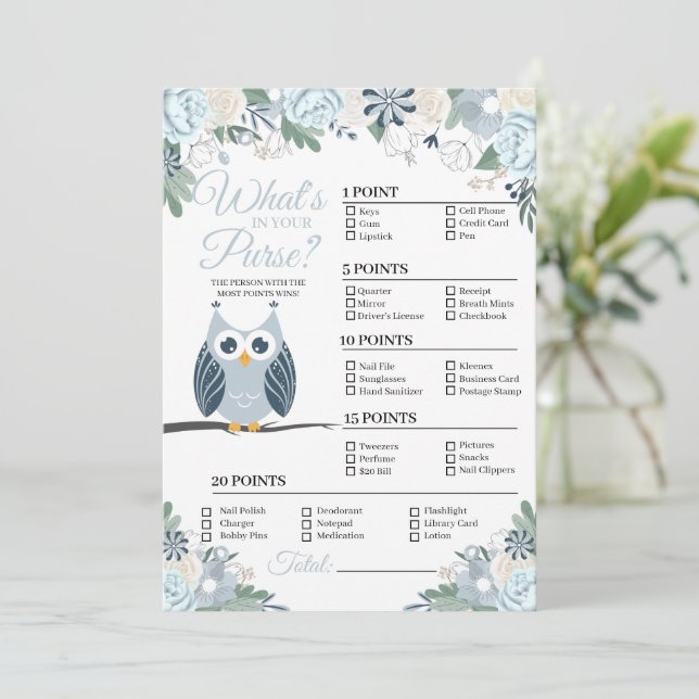 Blue Owl Floral What's In Your Purse Game Card (Standing Front)