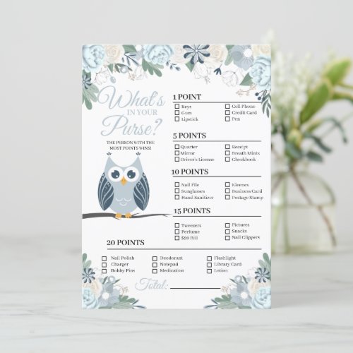 Blue Owl Floral Whats In Your Purse Game Card