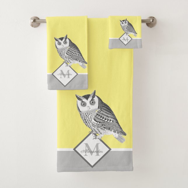 Blue Owl Gray and Yellow Monogram name Bath Towel Set (Insitu)