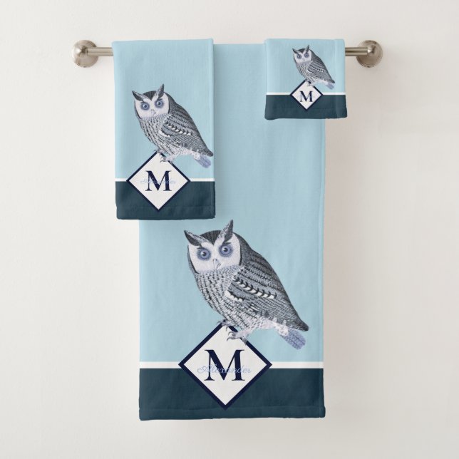 Blue Owl Gray Monogram name Bath Towel Set (Insitu)
