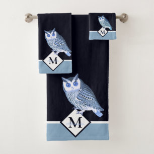 Blue Owl Gray Monogram name Bath Towel Set