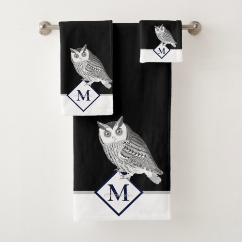 Blue Owl Gray Monogram name Bath Towel Set