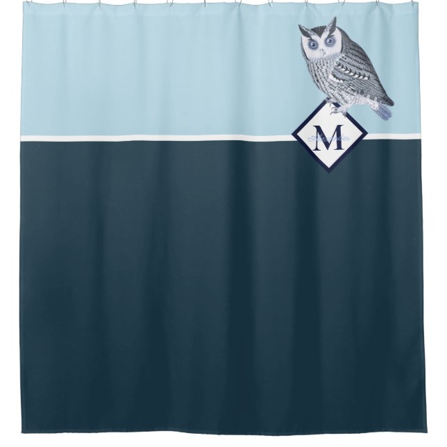 Blue Owl Gray Monogram Name Bath Towel Set Shower Curtain (Front)