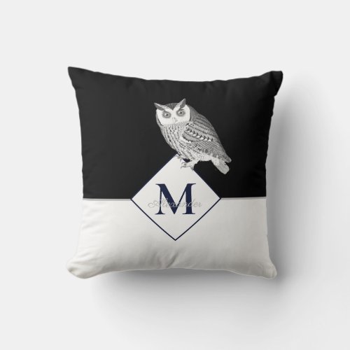 Blue Owl Gray Monogram name Bathroom Bath Mat Throw Pillow