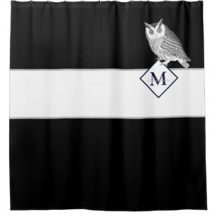 Blue Owl Gray Monogram name Bathroom  Shower Curtain