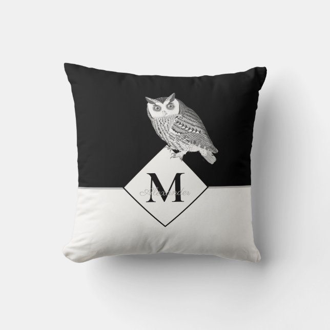 Blue Owl Gray Monogram name Bathroom Throw Pillow (Front)