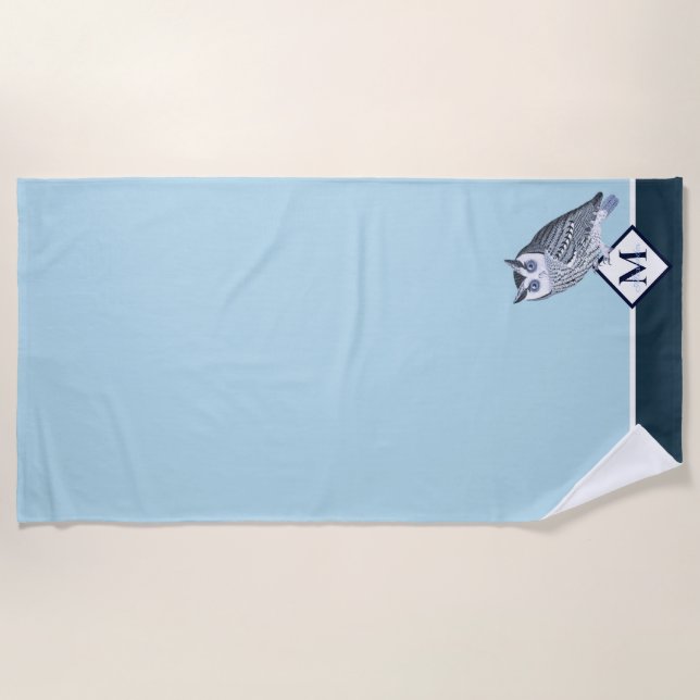 Blue Owl Gray Monogram name Beach Towel (Front)