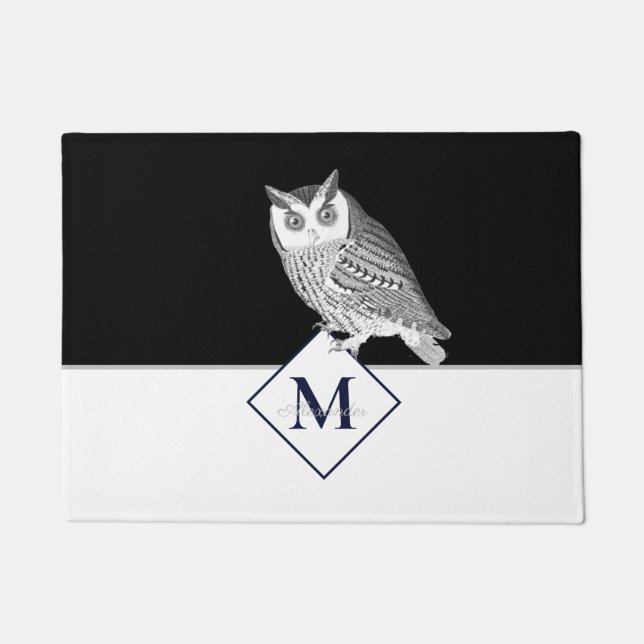 Blue Owl Gray Monogram name Doormat (Front)