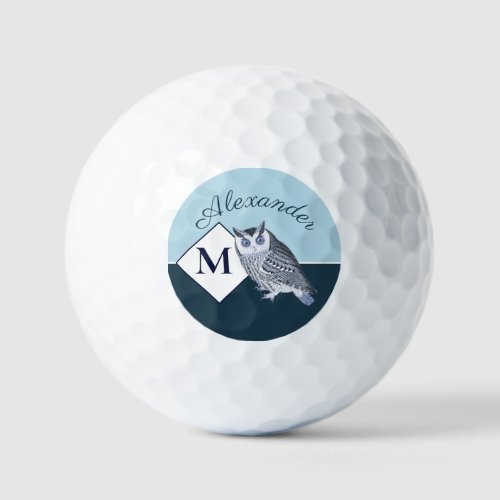 Blue Owl Gray Monogram name Golf Balls