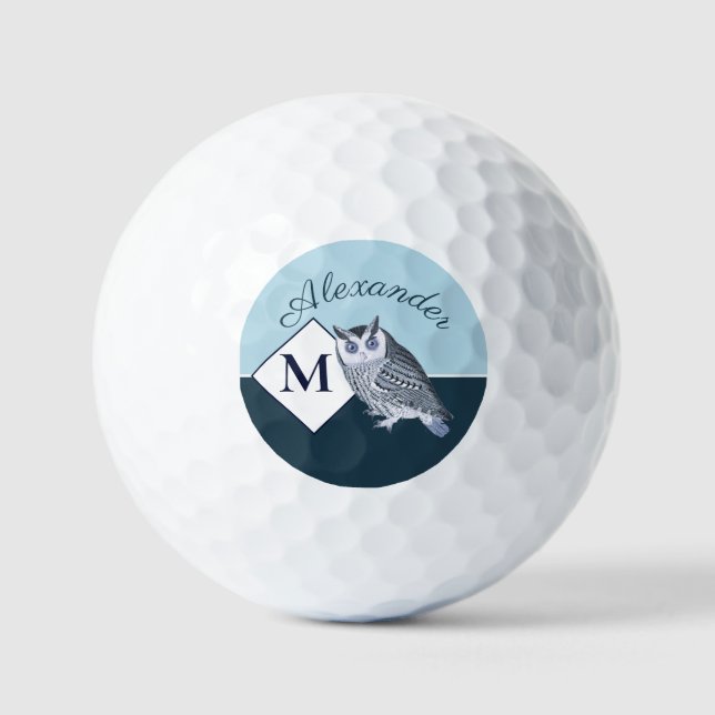 Blue Owl Gray Monogram name Golf Balls (Front)