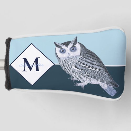 Blue Owl Gray Monogram name Golf Head Cover