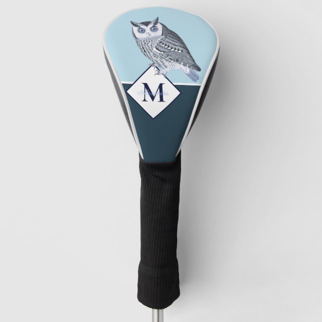 Blue Owl Gray Monogram name Golf Head Cover (Front)
