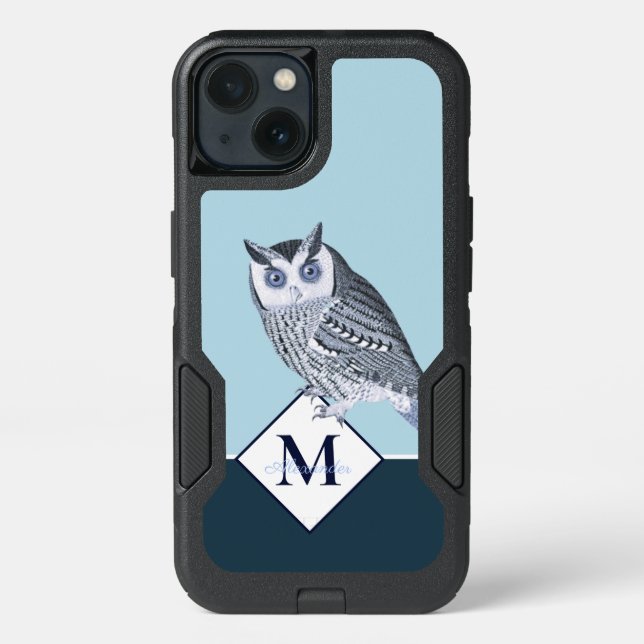 Blue Owl Gray Monogram name  Otterbox iPhone Case (Back)