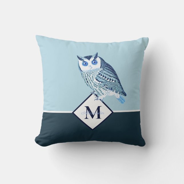 Blue Owl Gray Monogram name Throw Pillow (Front)