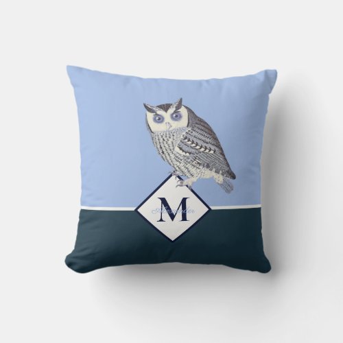 Blue Owl Gray Monogram name Throw Pillow
