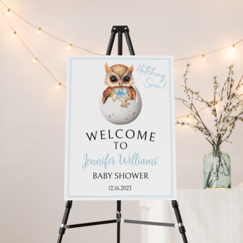 Blue owl hatching baby boy shower welcome sign