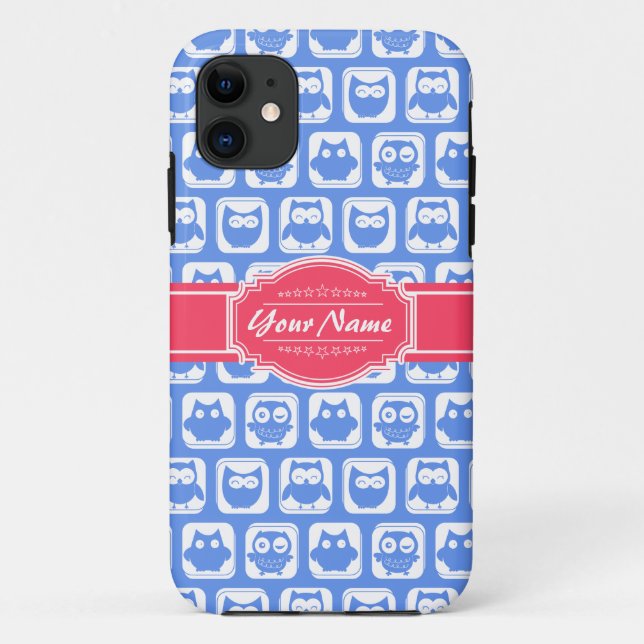 Blue Owl Hot Pink Personalized Name Case-Mate iPhone Case (Back)